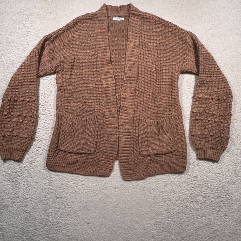 Maurices Cardigan Women M Brown Bobble Sleeve Waffle Knit Open Front Sweater